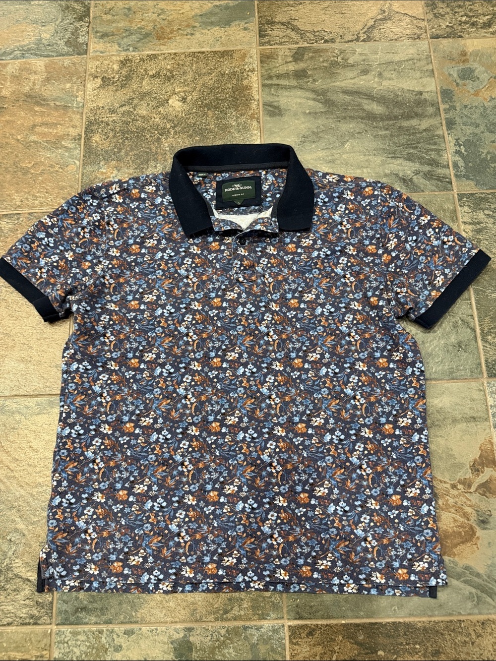 Rodd & Gunn Navy Floral Polo with Black Trim